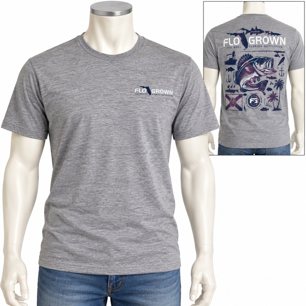 FloGrown Mens Florida Bass Fishing Graphic T-Shirt Gray Size Medium Short Sleeve